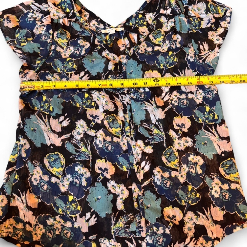 Fun 2 Fun Navy Teal Flutter Sleeve V-Neck Sheer Floral Boho Blouse Size Small - Picture 5 of 11